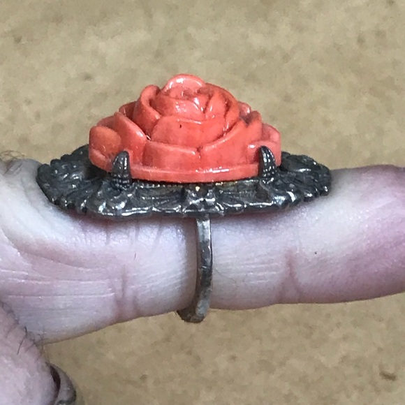 Coral Rose Silver Art Deco Style Ring size 4.25 - Picture 8 of 16